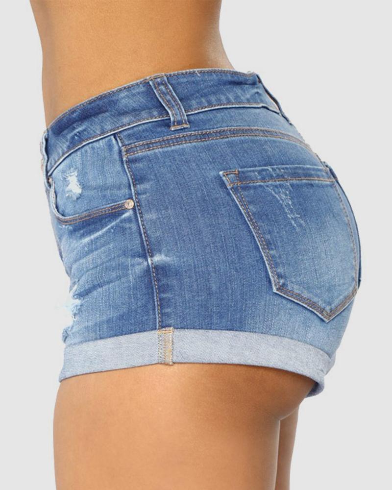 Women Ripped Roll Up Hem Mid Waist Denim Shorts-Pinkami