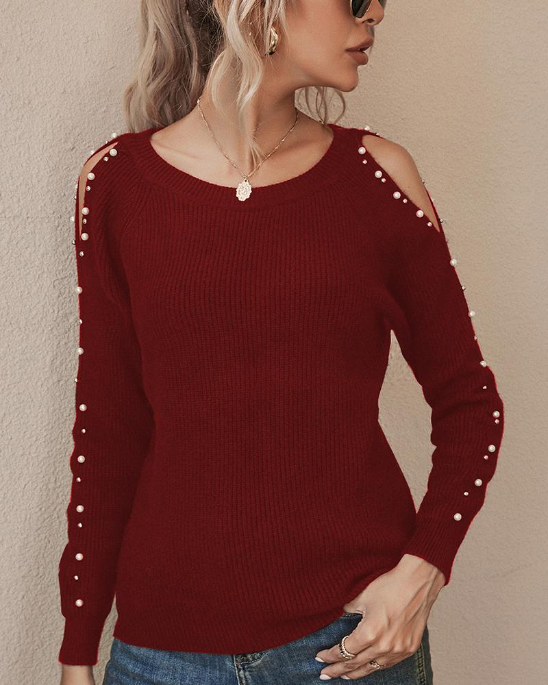 Ribbed Beaded Cold Shoulder Sweater-Pinkami
