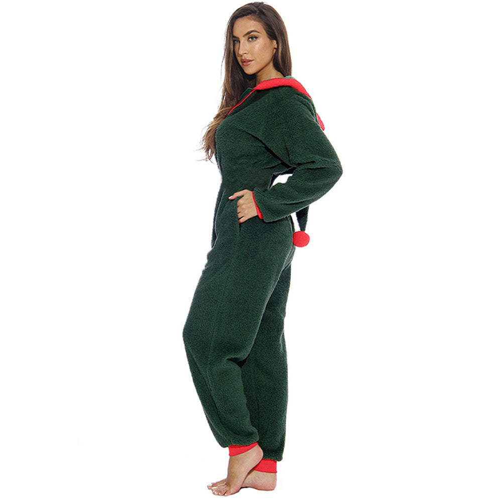 Womens Zipper Santa Onesie With Hood Red-Pinkami