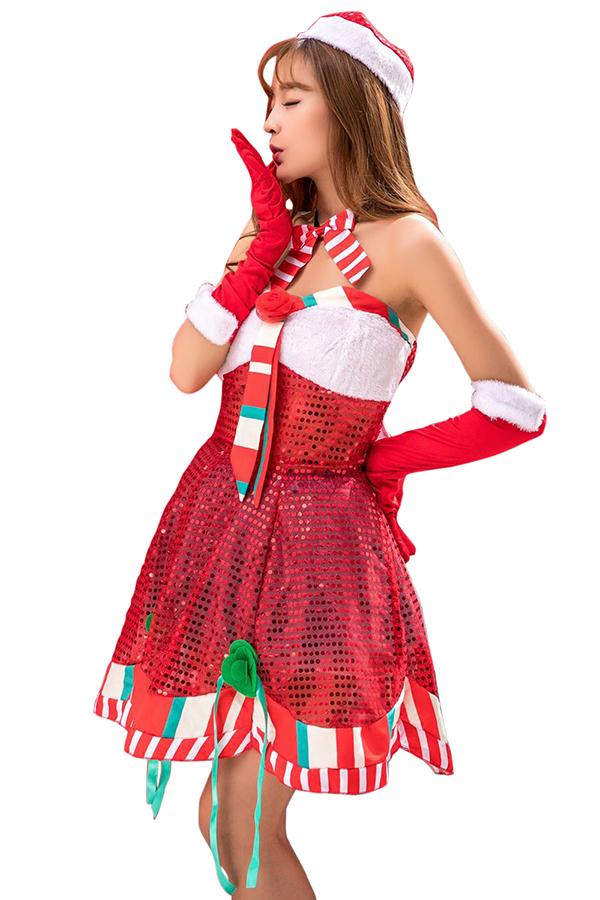 Sexy Strapless Sequined Christmas Santa Costume Dress Red-Pinkami