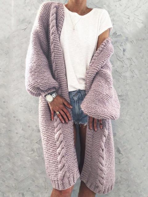 Collarless Knitted Cardigan Long Coat-Pinkami