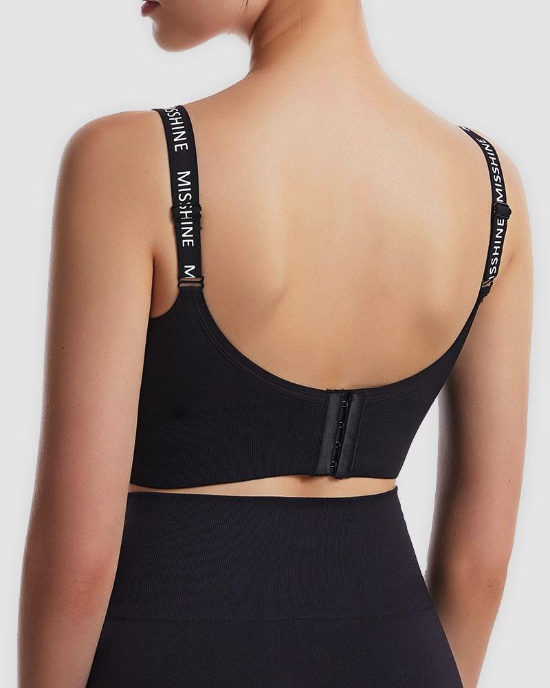 Letter Print Seamless Buckle Decor Sports Bra-Pinkami