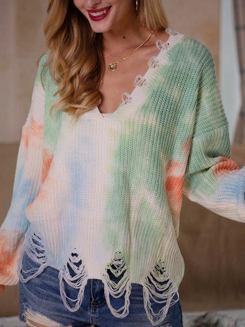 Tie-dye Print V-neck Sweater-Pinkami