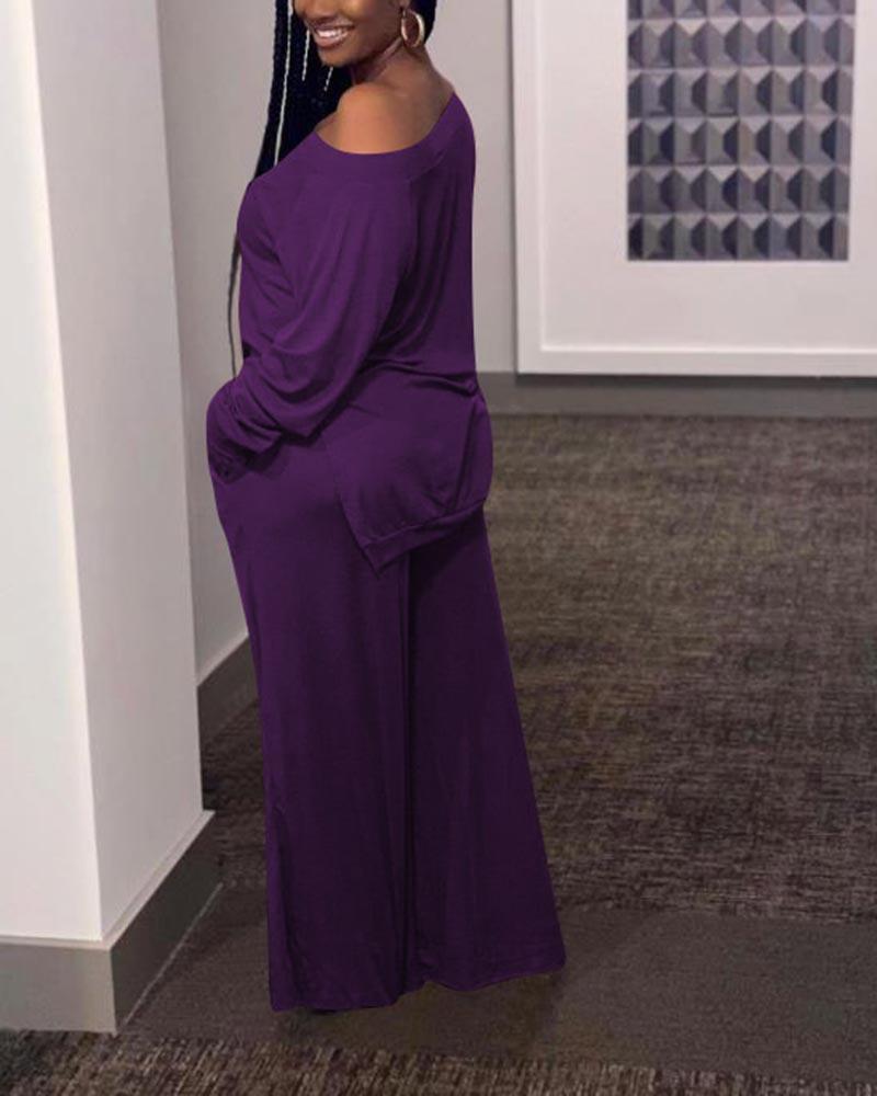 Solid Split Hem Boat Neck Top & Pants Set-Pinkami