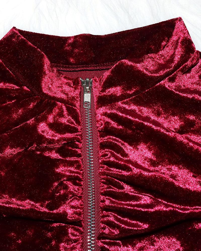 Solid Ruched Zip Up Long Sleeve Top & Split Hem Pants Set-Pinkami