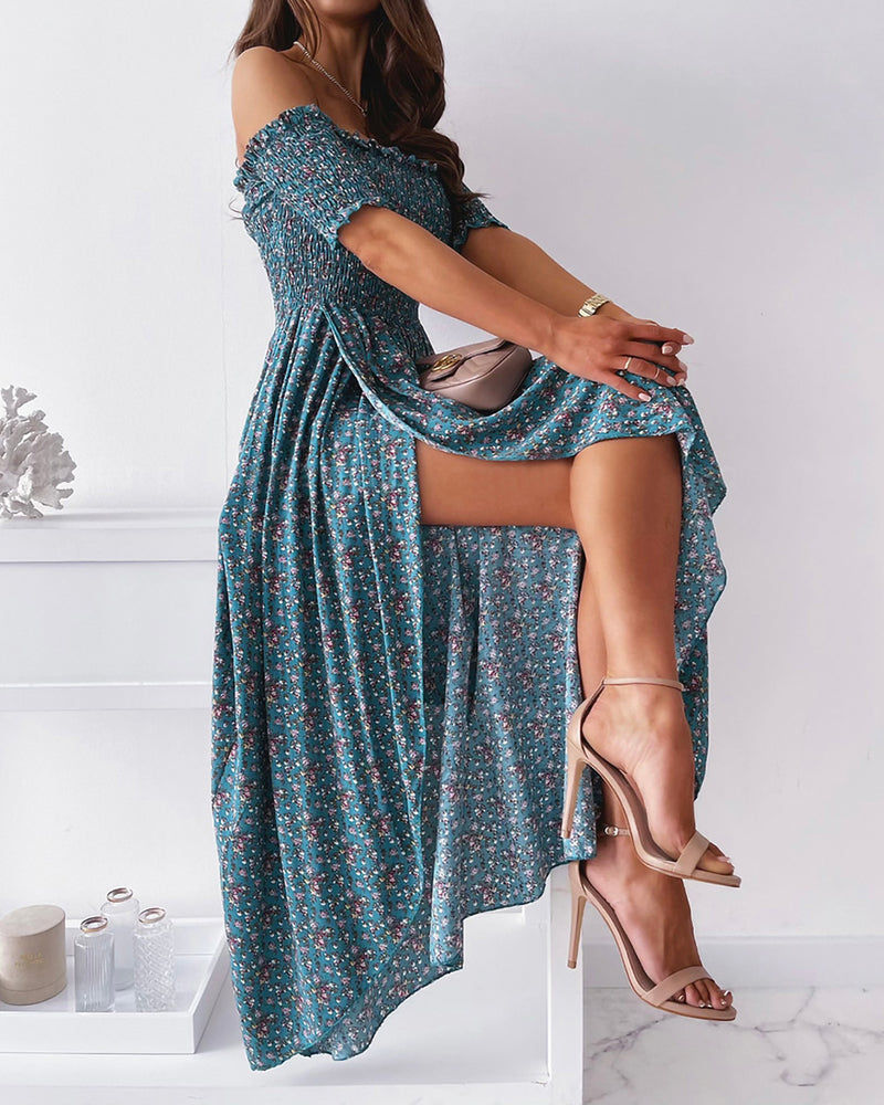 Ditsy Floral Print Shirred Split Thigh Off Shoulder Dress