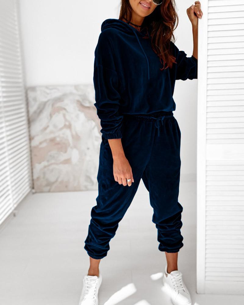 Solid Velvet Drawstring Detail Hoodie & Pants Set-Pinkami