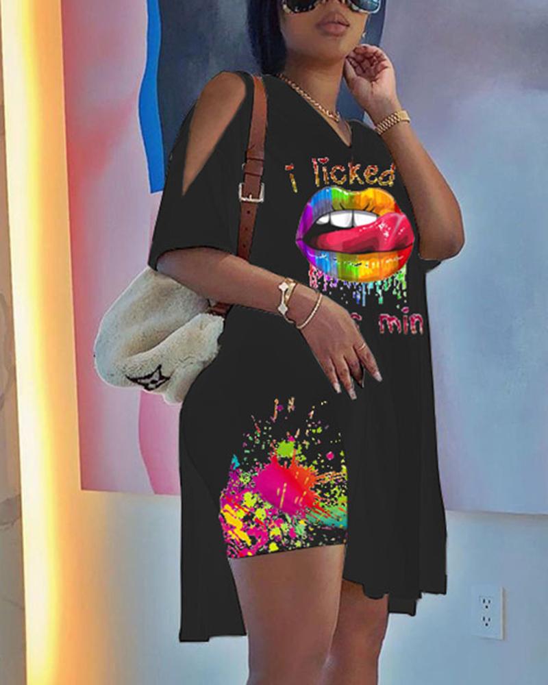 Letter & Graphic Print Split Hem Top & Pants Set