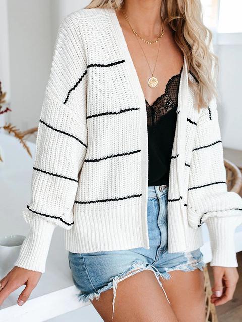 Striped Long Sleeve Loose Sweater Cardigan-Pinkami