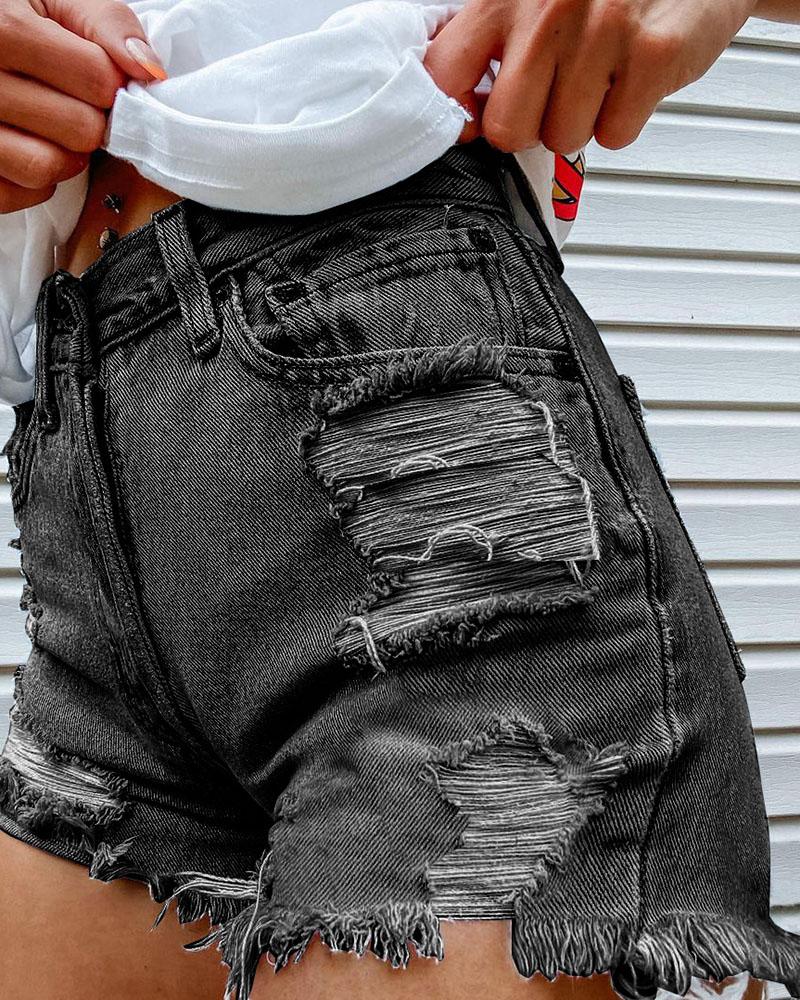 Women Ripped Sunflower & Letter Print Fringe Hem Denim Shorts-Pinkami