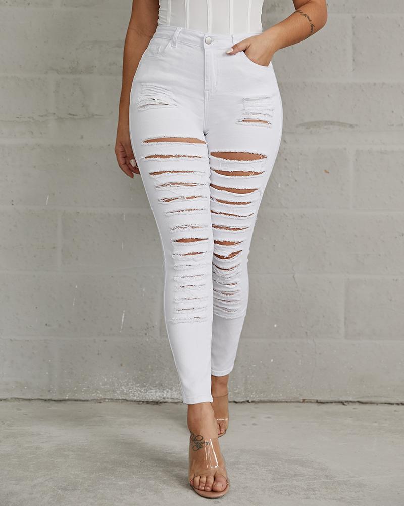 Women Plus High Waist Ladder Distressed Skinny Jeans-Pinkami