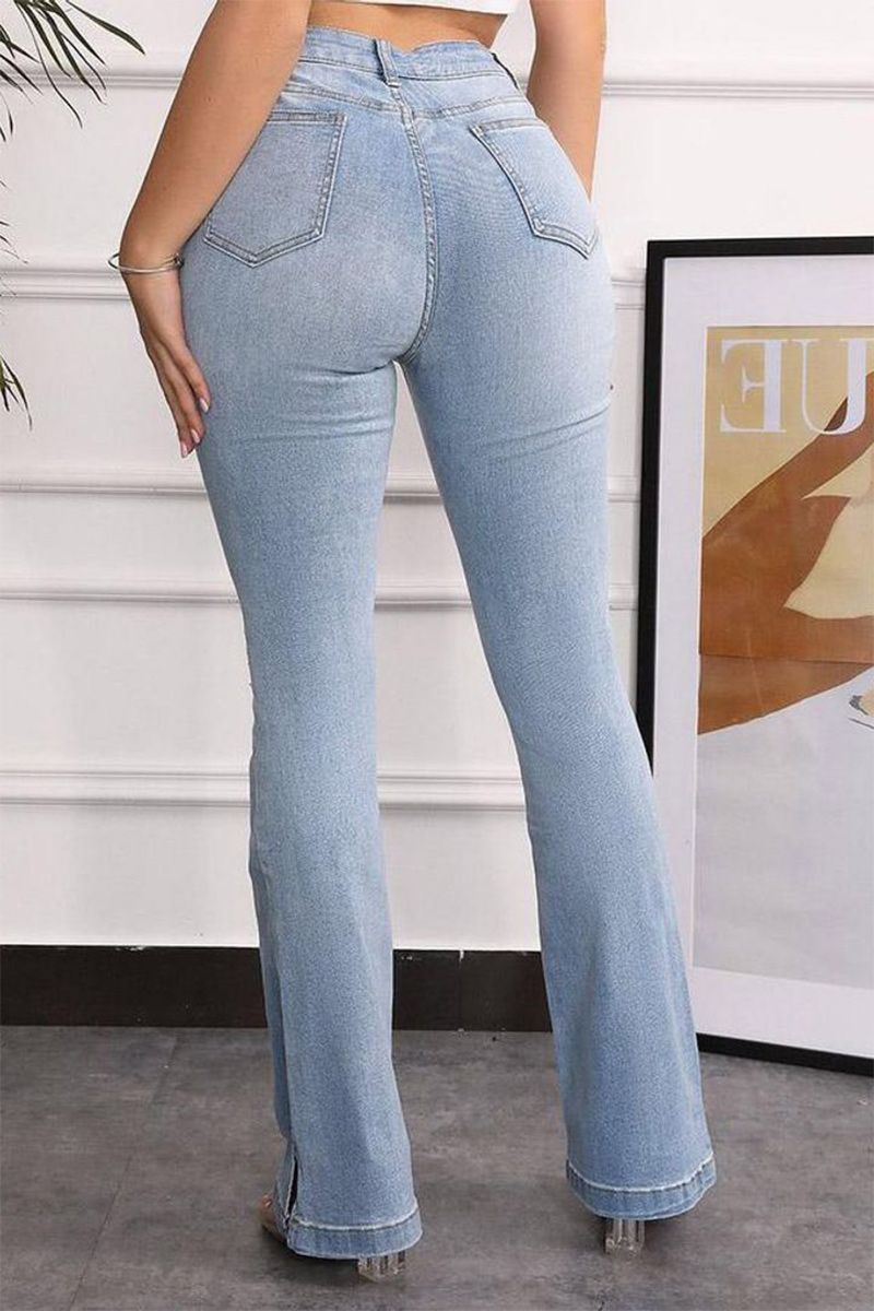 Split Hem Ripped Pocket Detail High Waist Flare Jeans-Pinkami