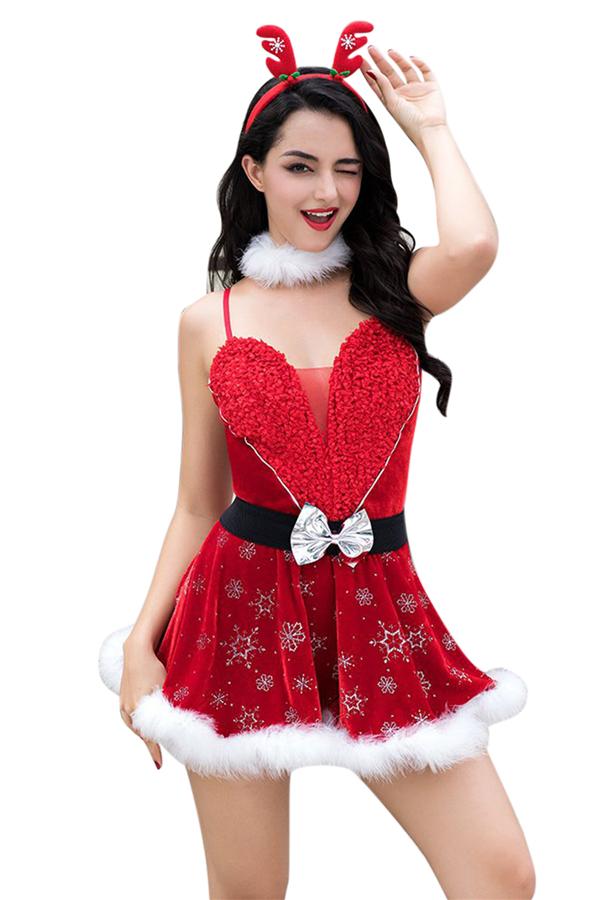 Sexy Miss Santa Mini Dress Christmas Costume Red-Pinkami