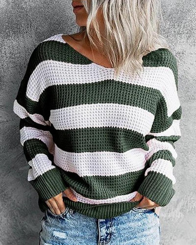 Striped Chunky Knit Drop Shoulder V Neck Sweater-Pinkami