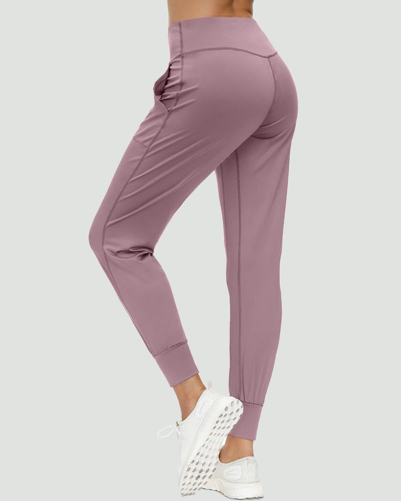Slant Pocket Wide Waistband Elastic Hem Sports Leggings For Women-Pinkami