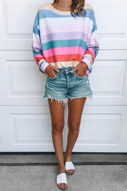 Rainbow Stripe Loose T-Shirt-Pinkami