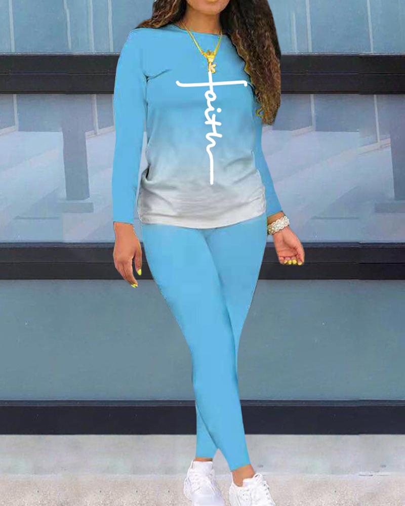 Ombre & Letter Print Bodycon Top & Pants Set-Pinkami