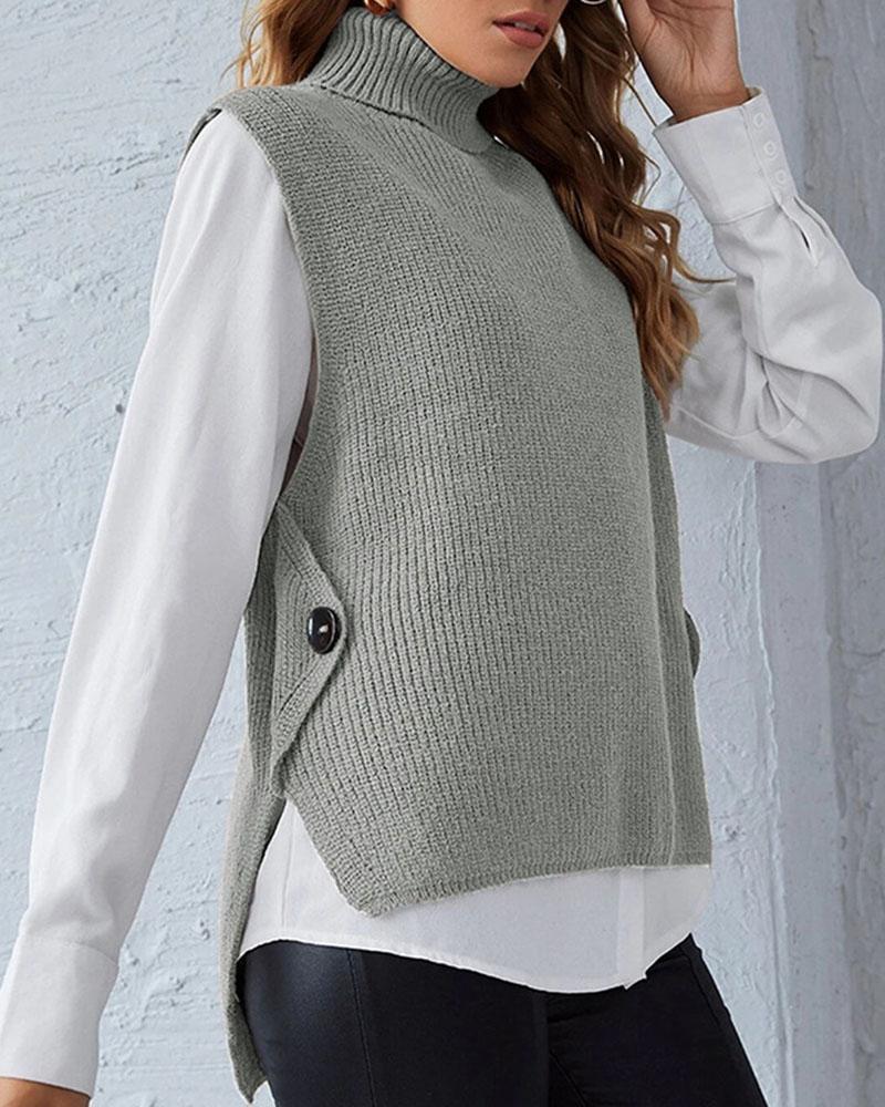 Ribbed Sleeveless High Low Button Detail Sweater-Pinkami