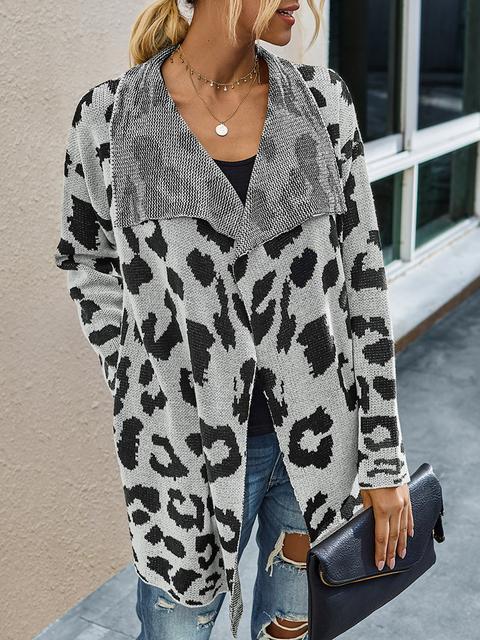 Leopard Long Sleeve Lapel Sweaters Coat-Pinkami