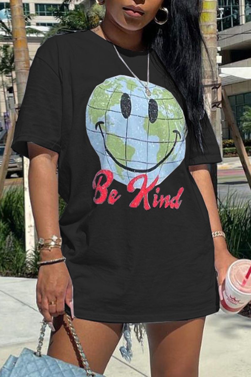 Smile Face & Letter Print Round Neck T-Shirt-Pinkami