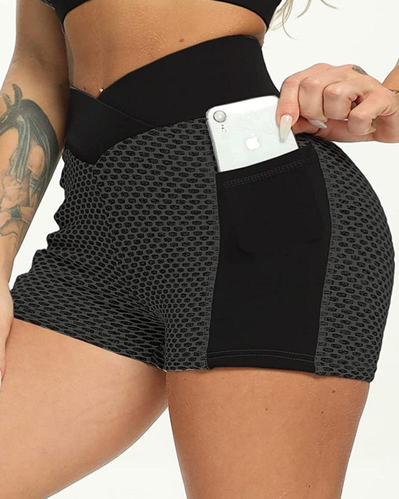 Colorblock Textured Pocket Detail Overlap Waist Sports Shorts-Pinkami