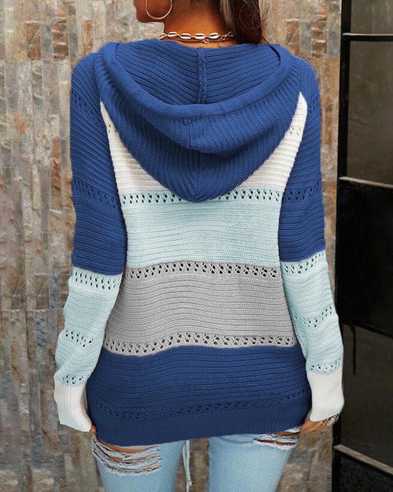 Colorblock Lace Up Pointelle Knit Hooded Sweater-Pinkami