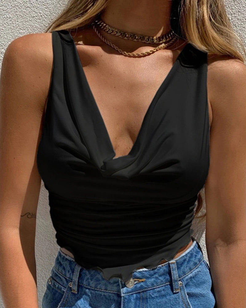 Hanky Hem Lettuce Trim Cowl Neck Crop Tank Top-Pinkami