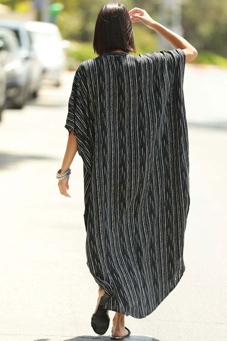 Striped Pocketed Button Front Side Slit Sleeved Maxi Cover Up-Pinkami