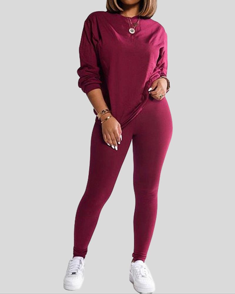Solid Round Neck Tee & Pants Set-Pinkami