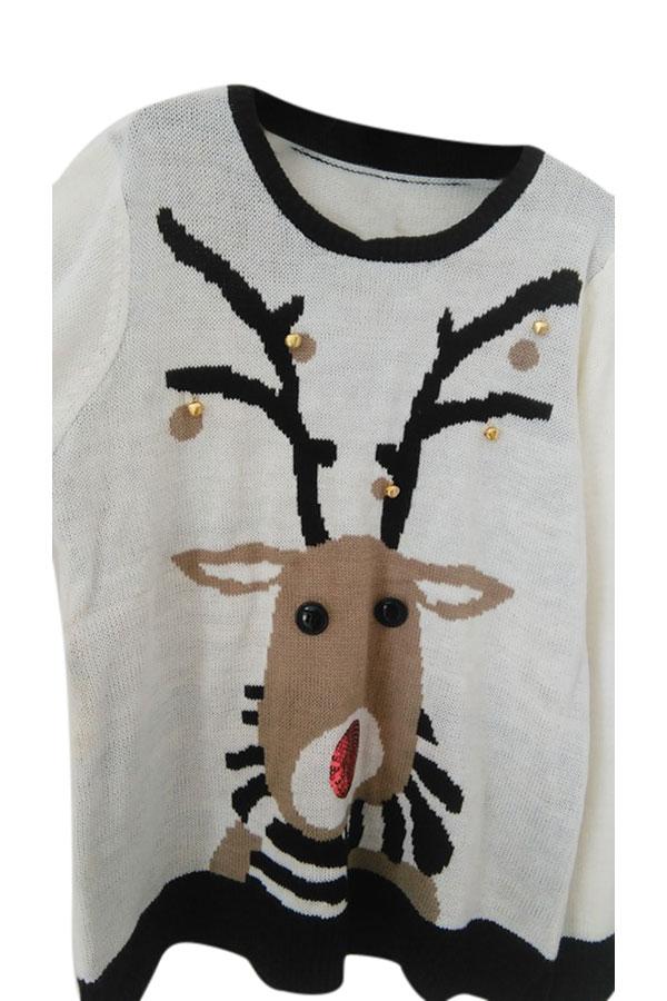 Womens Small Bell Reindeer Ugly Christmas Sweater White-Pinkami