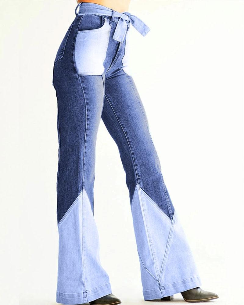 Women Vintage Colorblock Self Tie Flare Jeans-Pinkami