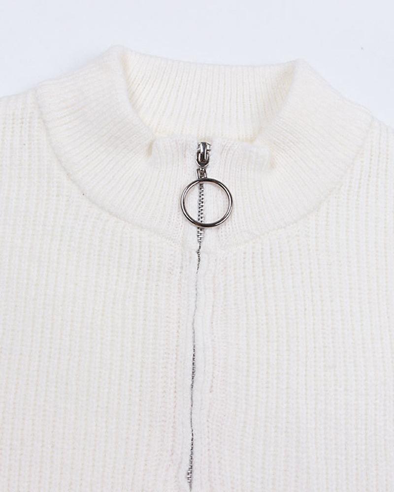 Striped Rib-Knit O-ring Zip Front Sweater-Pinkami