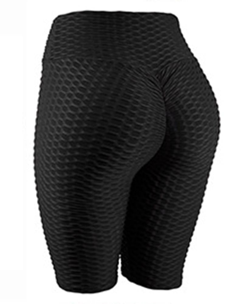 High Waist Ruched Textured Sports Shorts-Pinkami