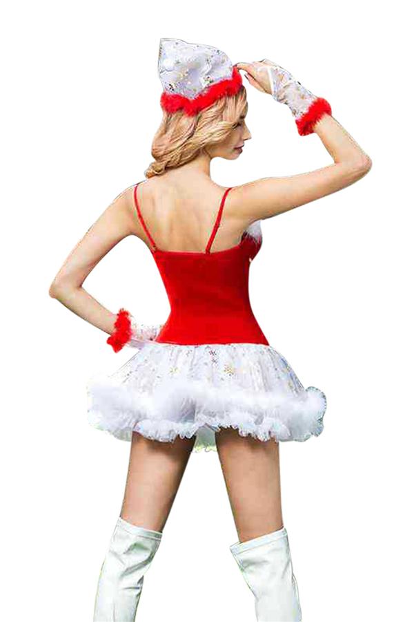 Sexy Spaghetti Straps Santa Dress Christmas Costume Red-Pinkami
