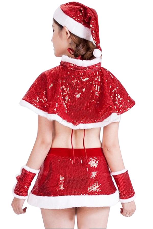 Womens Sexy Sequin Cape Crop Top Christmas Santa Costume Red-Pinkami