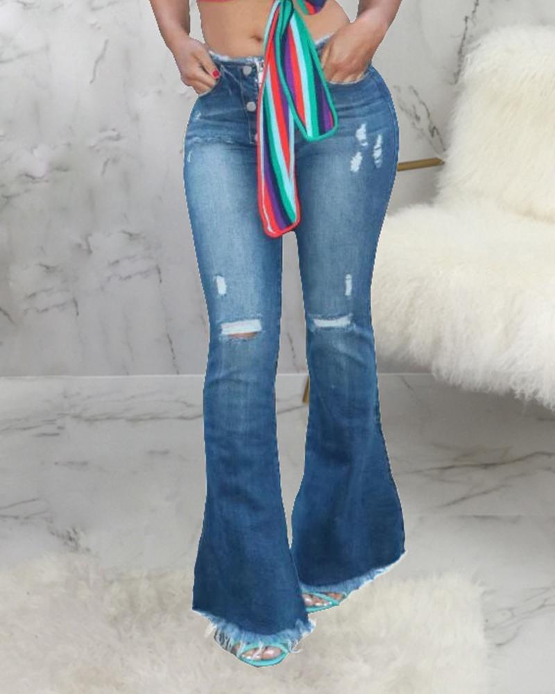 Women Ripped Button Front Zip Up Fringe Hem Flare Jeans-Pinkami
