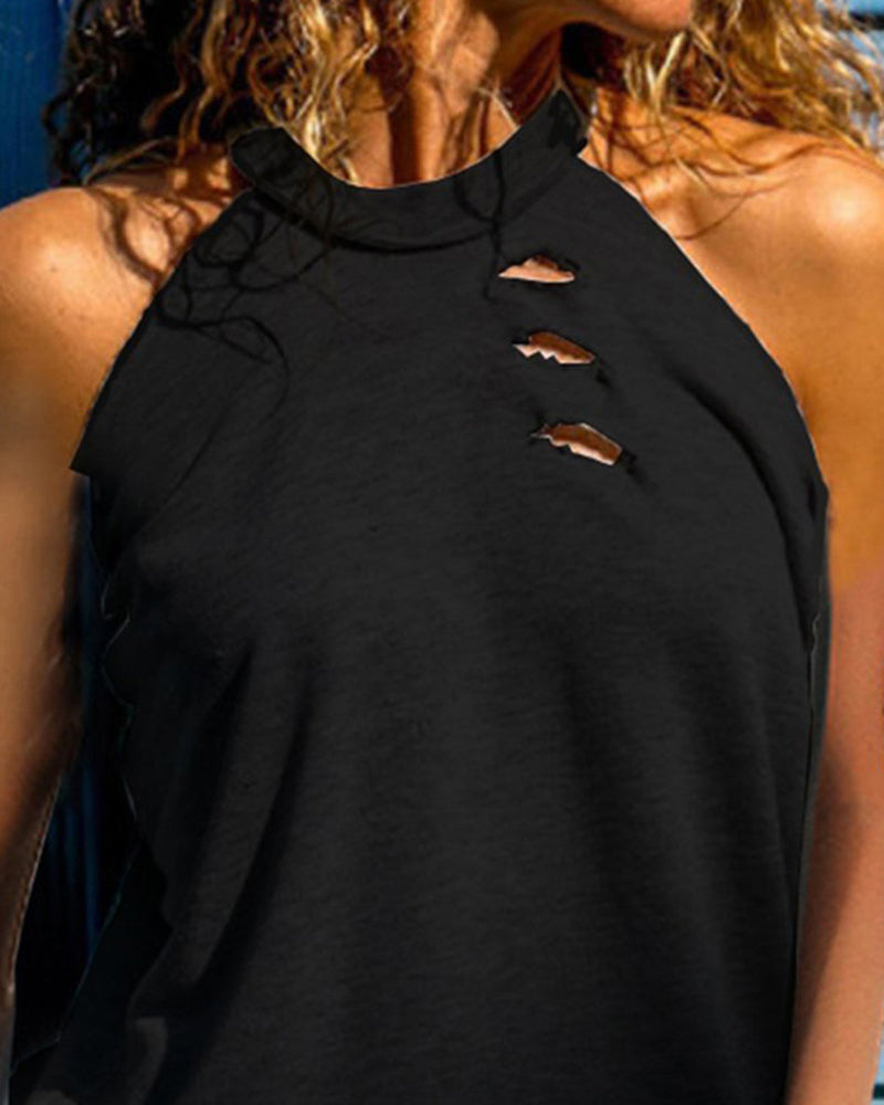 Solid Ripped Detail Halter T-Shirt-Pinkami