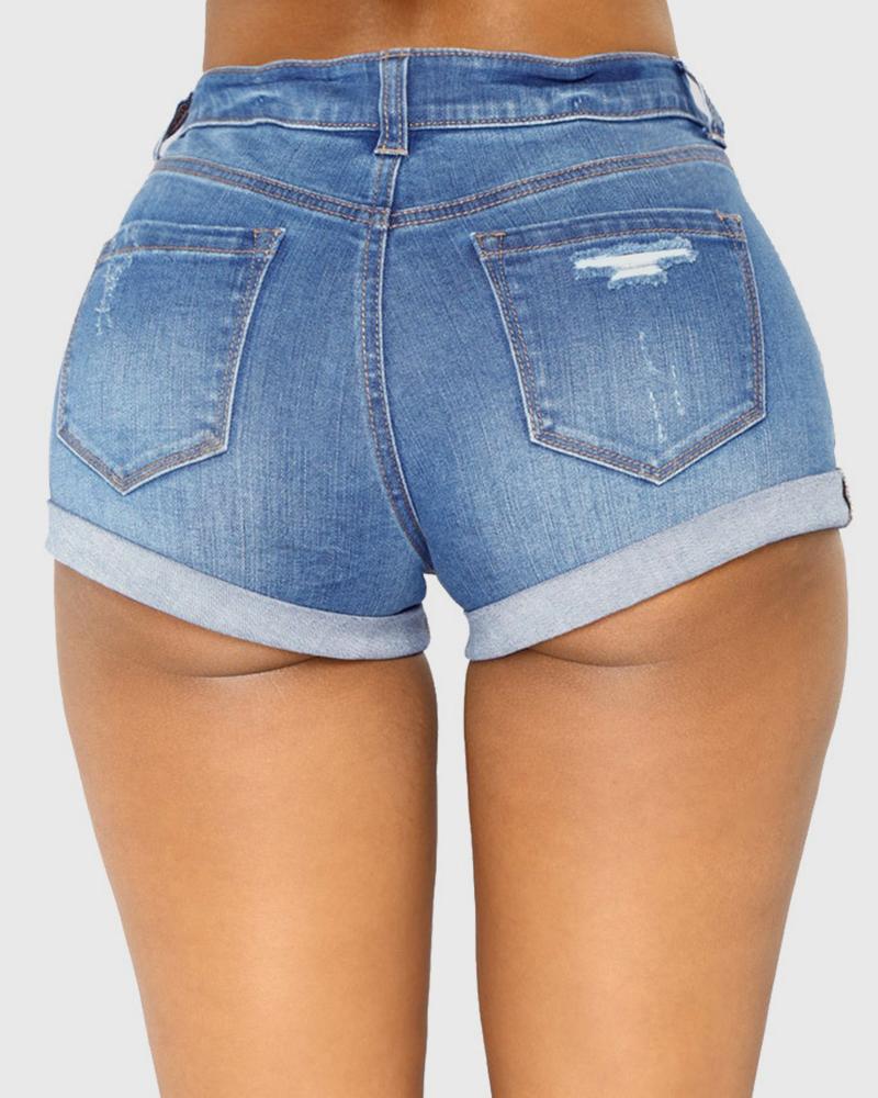 Women Ripped Roll Up Hem Mid Waist Denim Shorts-Pinkami