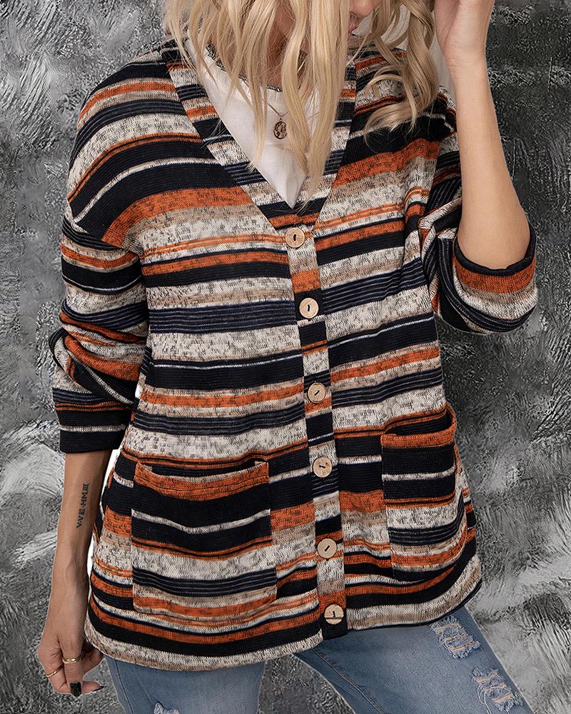 Striped Button Up Dual Pocket Sweater-Pinkami