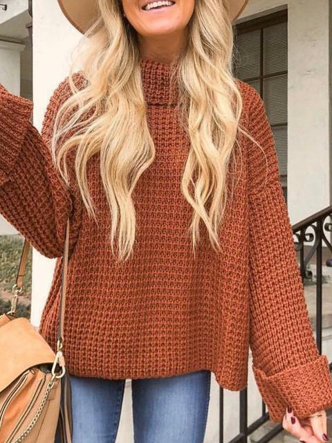 Casual Solid Color Knitted Turtleneck Sweater-Pinkami