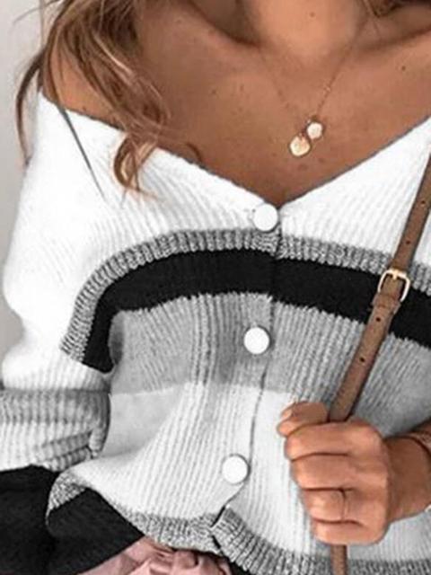 Striped Stitching V-neck Sweater Cardigan-Pinkami
