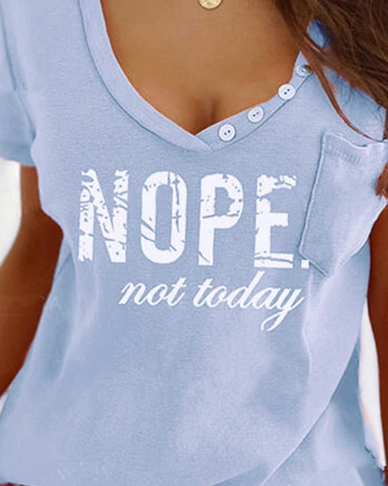 Letter Print Button Decor Patched Pocket T-Shirt-Pinkami