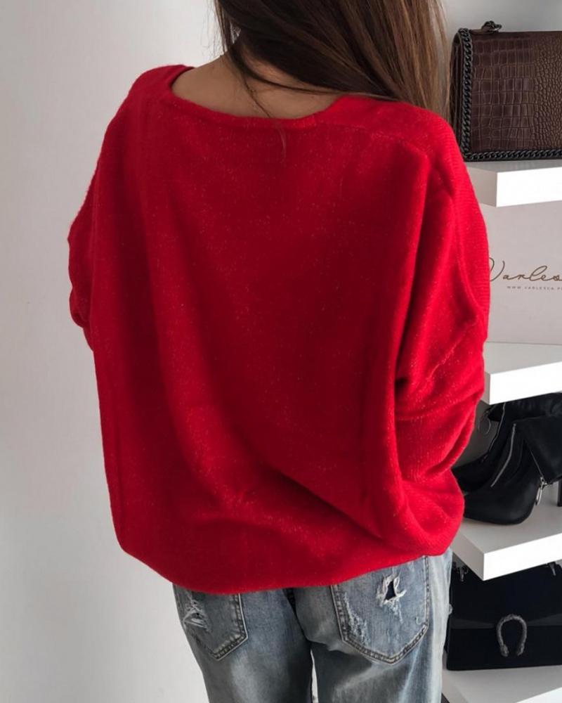 Solid Long Sleeve V Neck Sweater-Pinkami