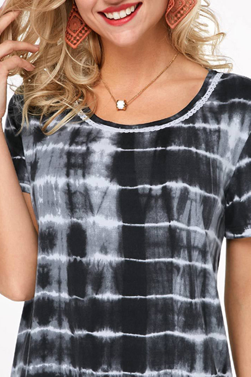 Ombre Lace Insert Round Neck T-Shirt-Pinkami