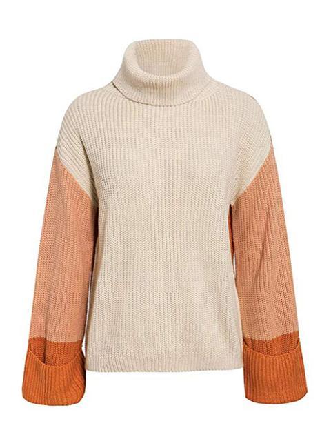 Color Block Loose Funnel Neck Sweater-Pinkami