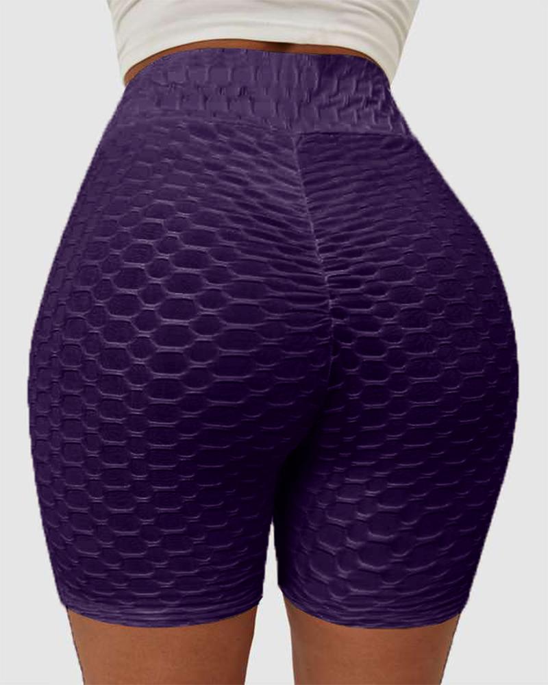Solid Textured Wide Waistband Butt Lifting Sports Shorts-Pinkami