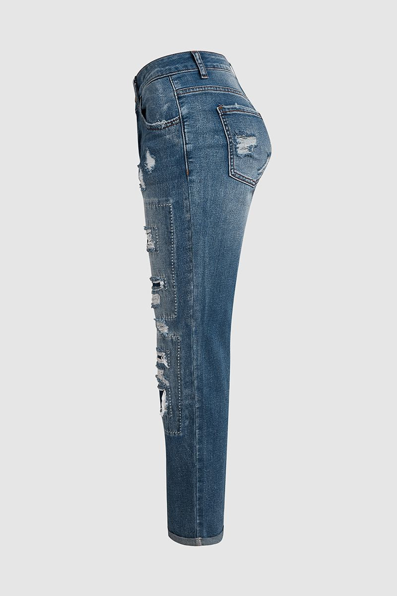 Ladder Distressed Patched Low Waist Jeans-Pinkami