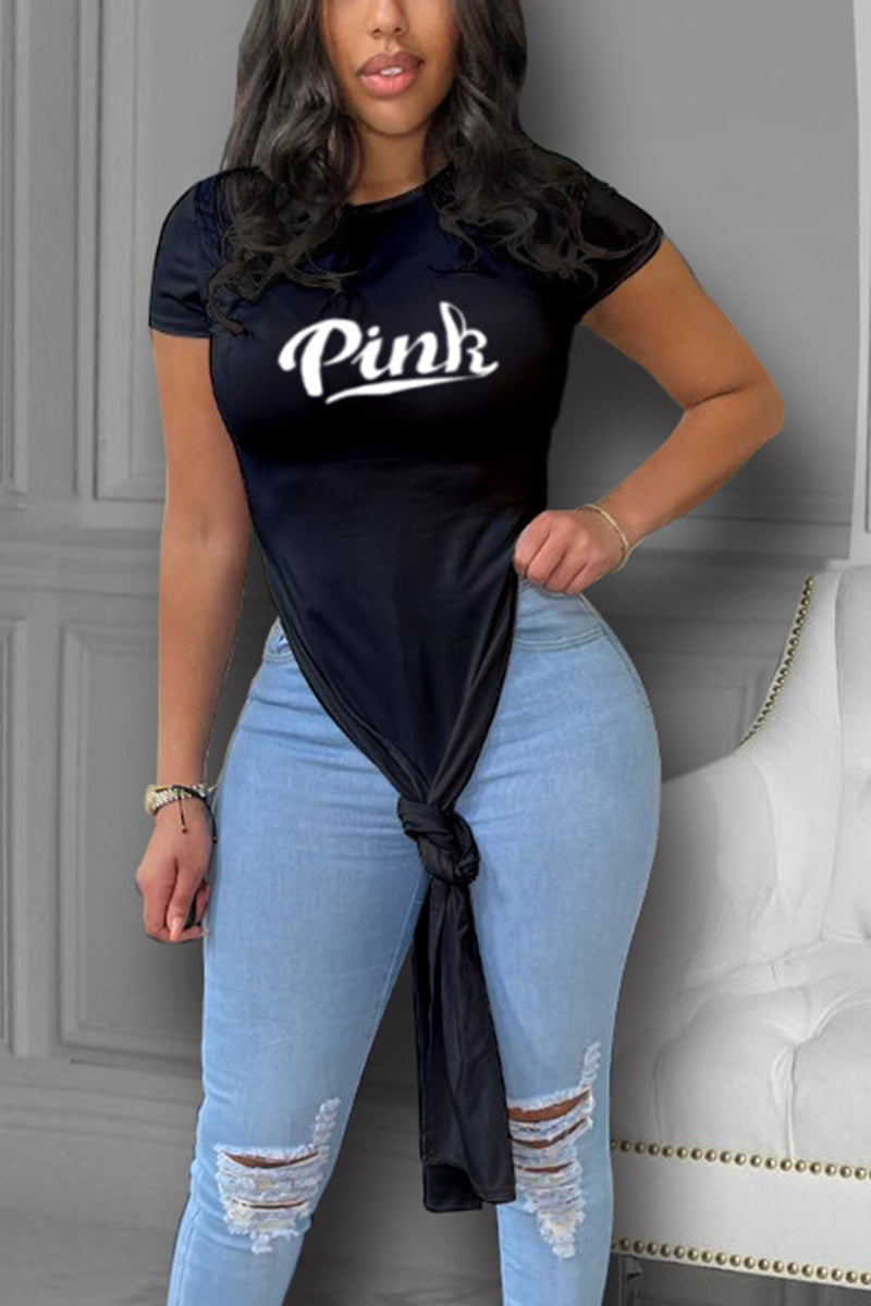 Letter Print Split Side Longline Top-Pinkami