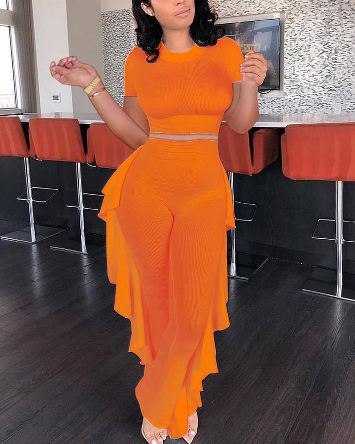 Ribbed Ruffle Trim Crop Top & Pants Set