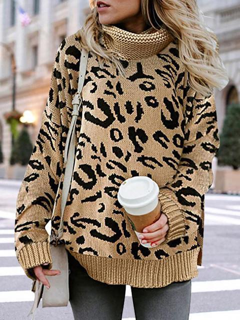 Leopard Print Turtleneck Sweater-Pinkami